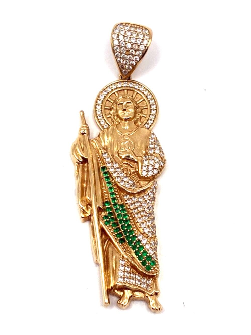 14K Solid Yellow Gold St Jude Pendant with White and Green stones